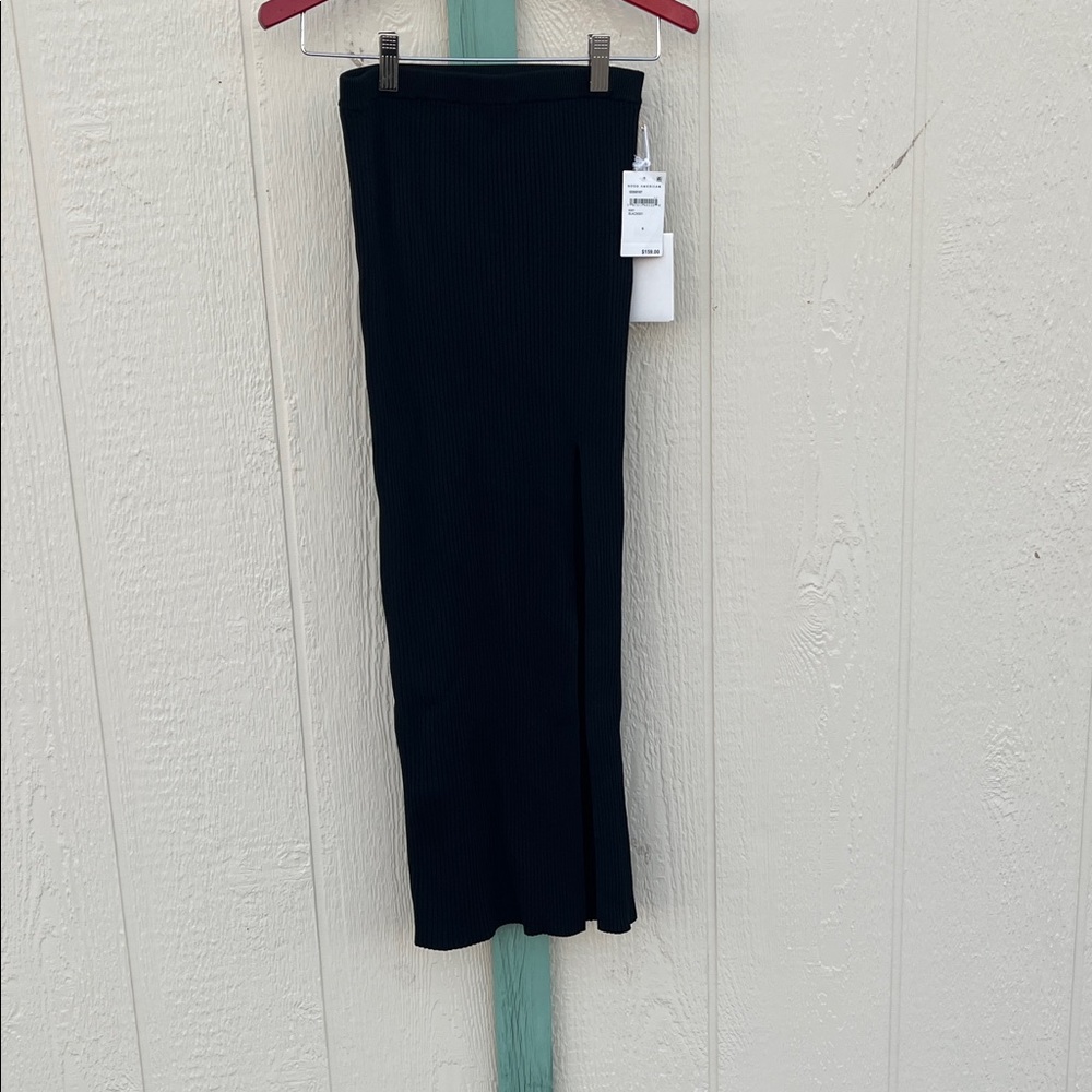 Good American Black Ribbed Knit Maxi Skirt NWT | Side Slit Long Stretch Skirt s